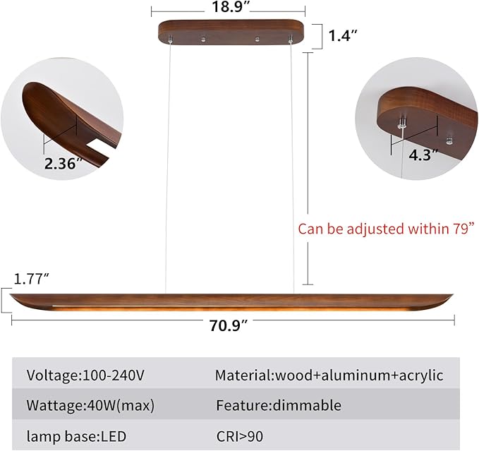 71" Wood Linear Pendant Light, Dimmable Kitchen Island Lighting - Image 2