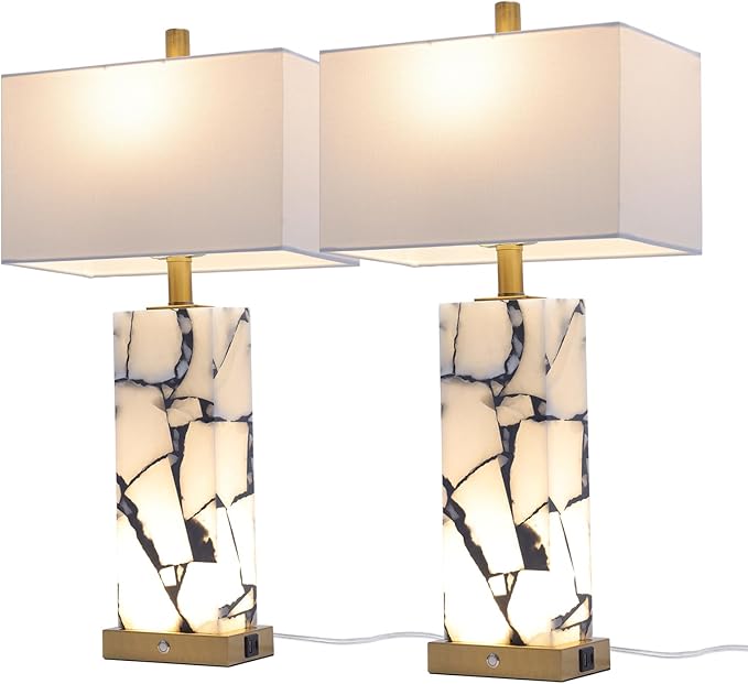 Natural Marble Table Lamps Set of 2: 3-Color Temperatures Alabaster Lamp - Image 9