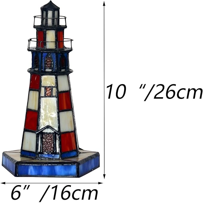 Bieye L11005 Lighthouse Tiffany Style Stained Glass Accent Table Lamp Night - Image 4