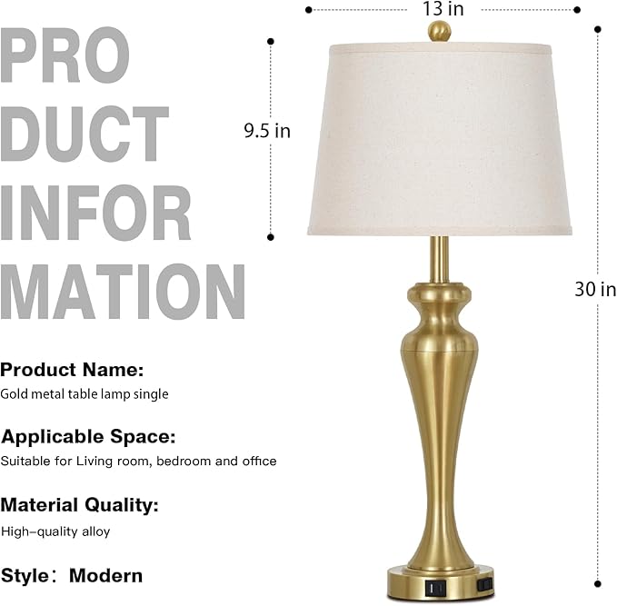 30 Inch Gold Single Table Lamp, 3-Way Dimmable Touch Control Bedside Lamps - Image 7