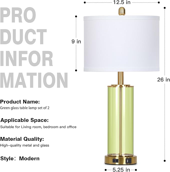 26" Green Glass Table Lamps for Bedside, Modern Living Room Lamps Set of 2 - Image 7