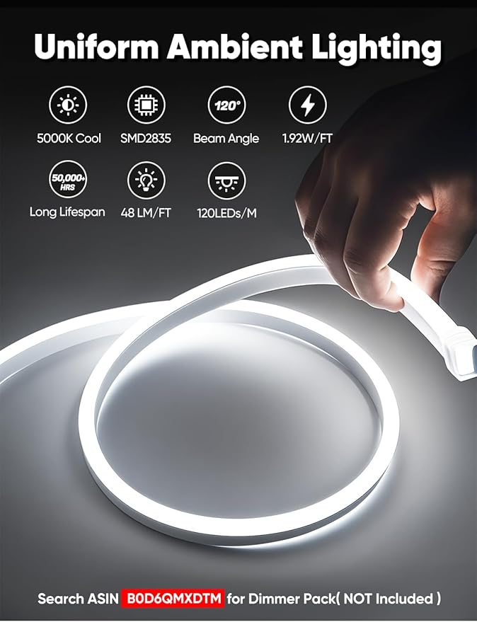 33FT LED Neon Rope Lights 5000K Cool White, AC 110-120V Flexible Neon Strip - Image 4
