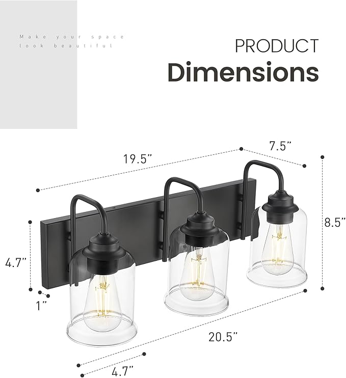zeyu Black Bathroom Vanity Light, 20.5 Inch Bathroom Light Fixtures Over Mirror - Image 2
