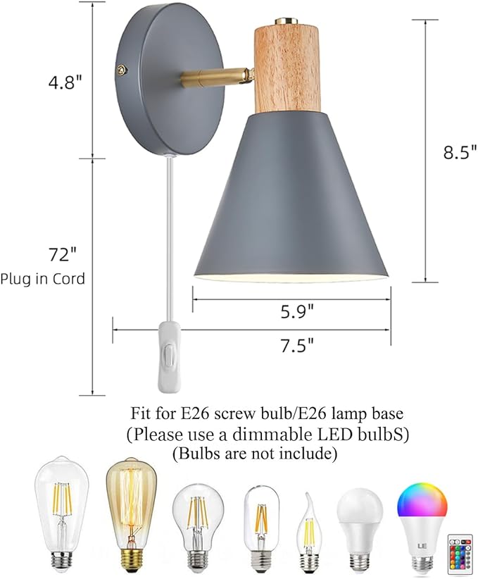 Plug in Wall Sconces Lighting Fixture Pack of 2, Wooden Adjustable Bedside Wall - Image 2