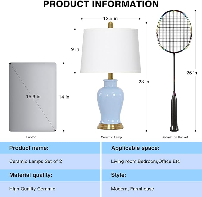 Blue Ceramic Table Lamps Set of 2, Modern Bedside Lamp - Image 7
