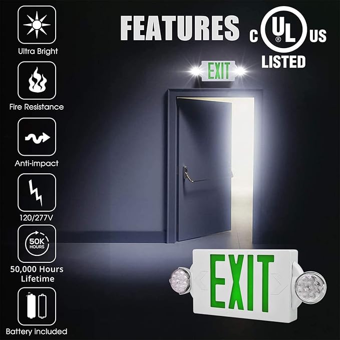 AKT LIGHTING 6 Pack Green LED Emergency Light & Exit Sign Combo, UL Certified - Image 4