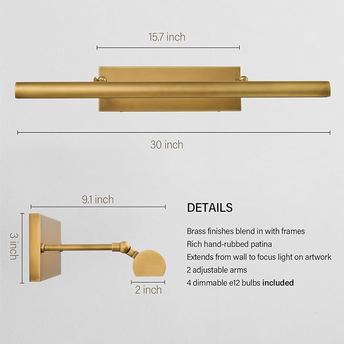 Brass Picture Light for Wall: 30" Hardwired Swing Arm Vintage Brushed Long Art - Image 7