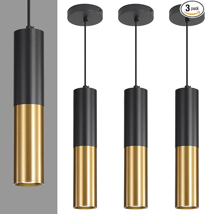 3 Pack Modern Black and Gold LED Pendant Lights, Minimalist Linear Hanging Light by Daoseolo