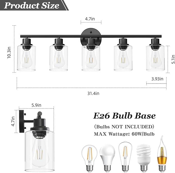 5-Light Black Bathroom Vanity Lights, E26 Modern Bathroom Light Fixtures - Image 2