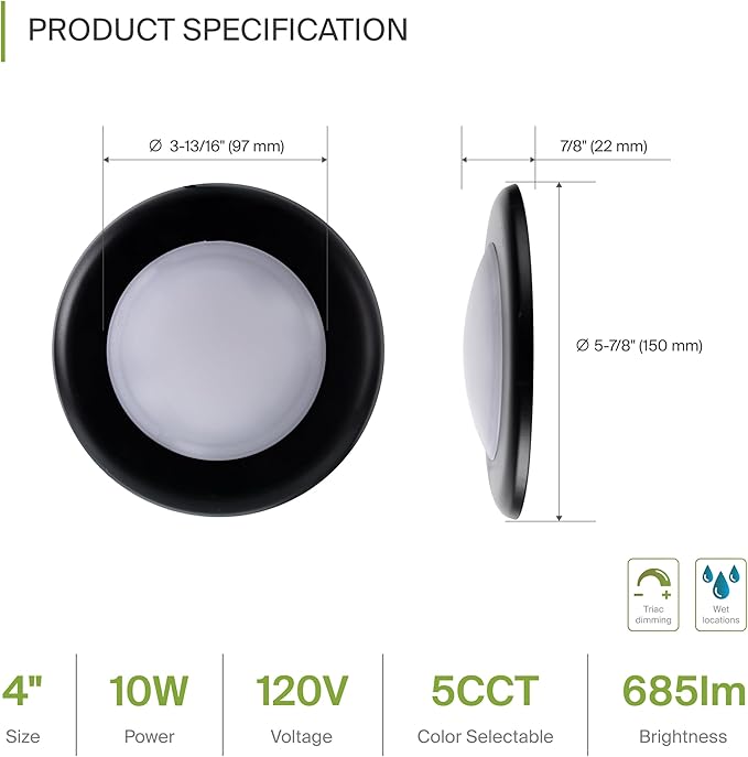 ASD 1 Pack LED Disk Lights 4 Inch, 10W 5CCT 2700K-5000K 685LM CRI90+, Dimmable - Image 2