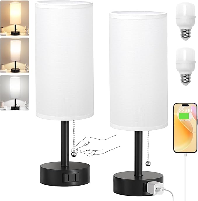 Fenmzee White Bedside Table Lamps Set of 2-3 Color Temperatures Pull Chain Lamp - Image 7