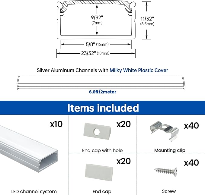Muzata 10Pack 6.6FT/2M Wider LED Channel Silver Aluminum LED Strips Diffuser - Image 2