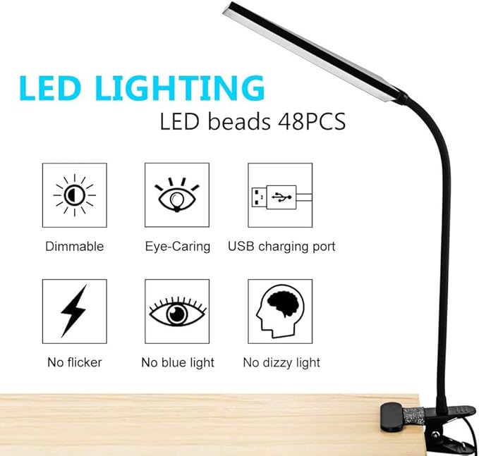 RAOYI LED Desk Lamp, 5W USB Clip on Light Eye-Caring Reading Clamp Table Lamp - Image 3
