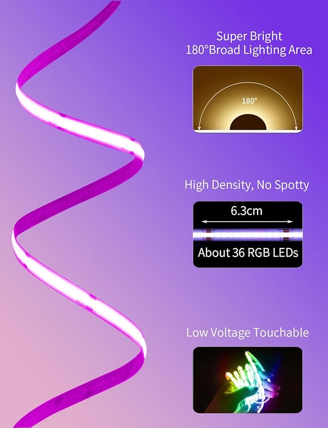 COB RGB LED Strip Lights, Bright 20ft RGB COB LED Lights - Image 2