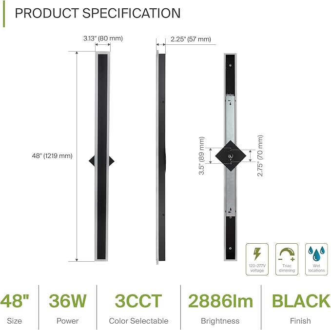 ASD LED 48" Long Wall Mount Light Fixture, Outdoor & Indoor Linear Sconce | 3CCT - Image 2