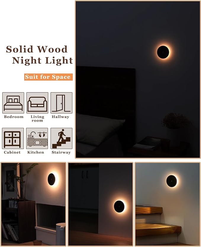 Motion Sensor Night Light Wood Rechargeable Battery-Powered Stick-On Step - Image 7