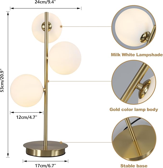3 Lights Brass Metal Bedside Lamp, Mid Century Globe Table Light, G9 Base - Image 2