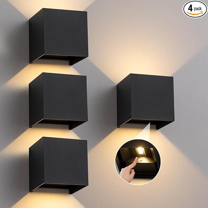 4 Pack LED Outdoor Wall Sconces Exterior/Interior, Modern Black Square Aluminum by BYHOIY
