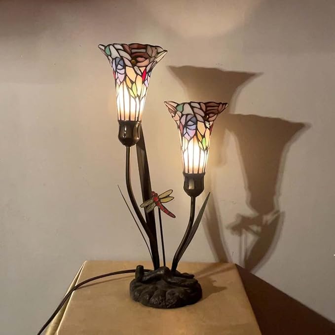 Bieye L10620 Lily Flowers and Dragonfly Tiffany Style Stained Glass Accent - Image 2
