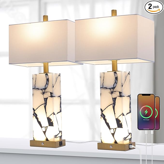 Natural Marble Table Lamps Set of 2: 3-Color Temperatures Alabaster Lamp by Vallerico