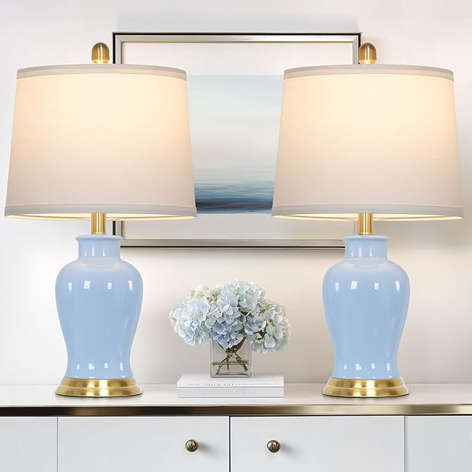 Blue Ceramic Table Lamps Set of 2, Modern Bedside Lamp - Image 5
