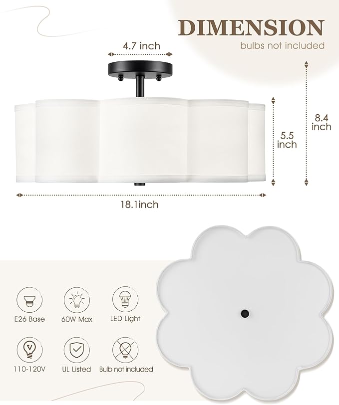 Black Semi Flush Mount Ceiling Lights, 4-Light 18" Ceiling Light Fixtures - Image 2