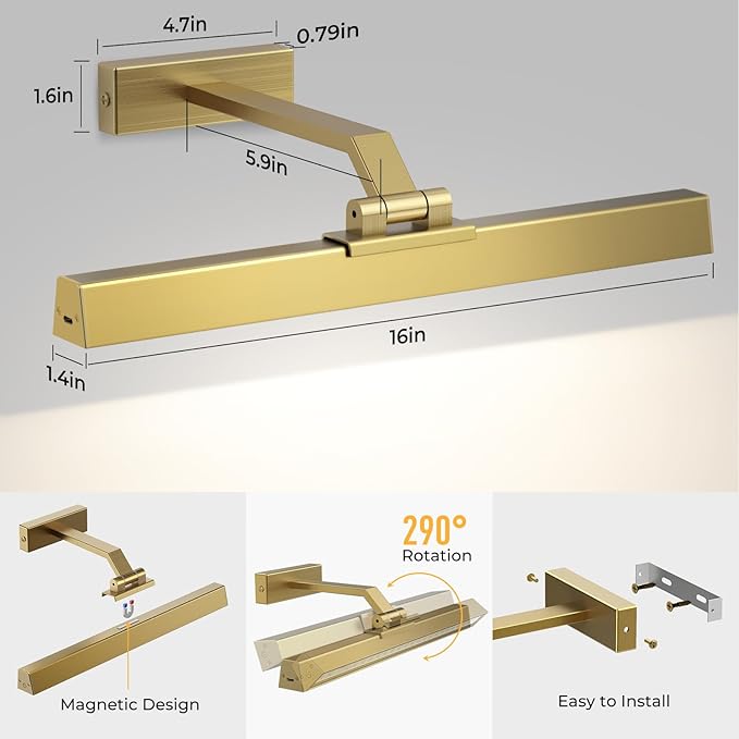 Picture Lights for Wall, Brushed Gold Battery Operated Picture Light 16in Art - Image 7