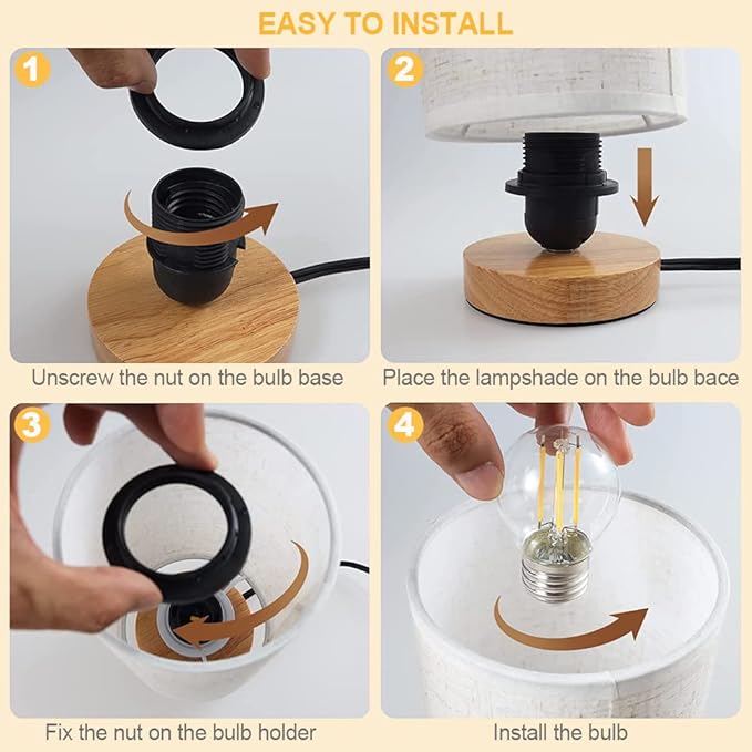 Small Bedside Table Lamp for Bedroom, Minimalist Wood Base & Round Fabric Shade - Image 4