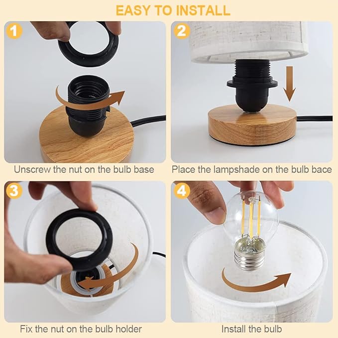 Small Bedside Table Lamp for Bedroom set of 2, Minimalist Wood Base & Round - Image 4