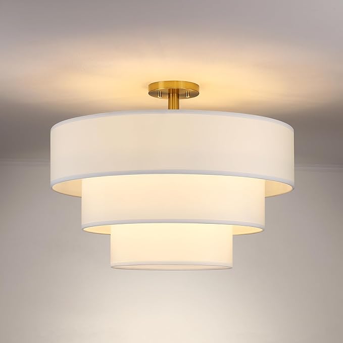 Doraimi Lighting 3 Tier White Linen Drum Fabric Semi Flush Mount Light Modern by DoraimiLighting