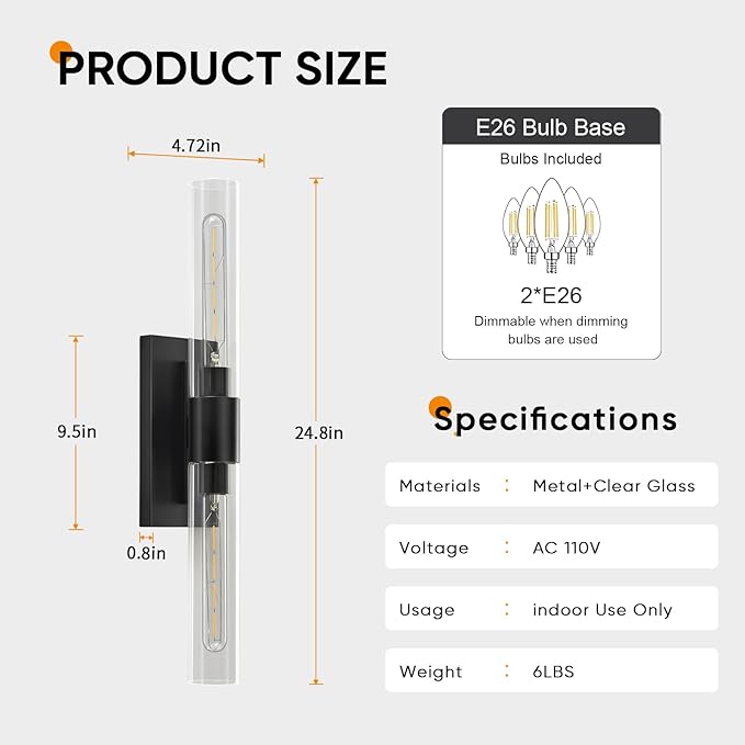 24.8" L Wall Sconces 2-Lights Black Wall Lights Fixtures Morden Cylinder Wall - Image 3