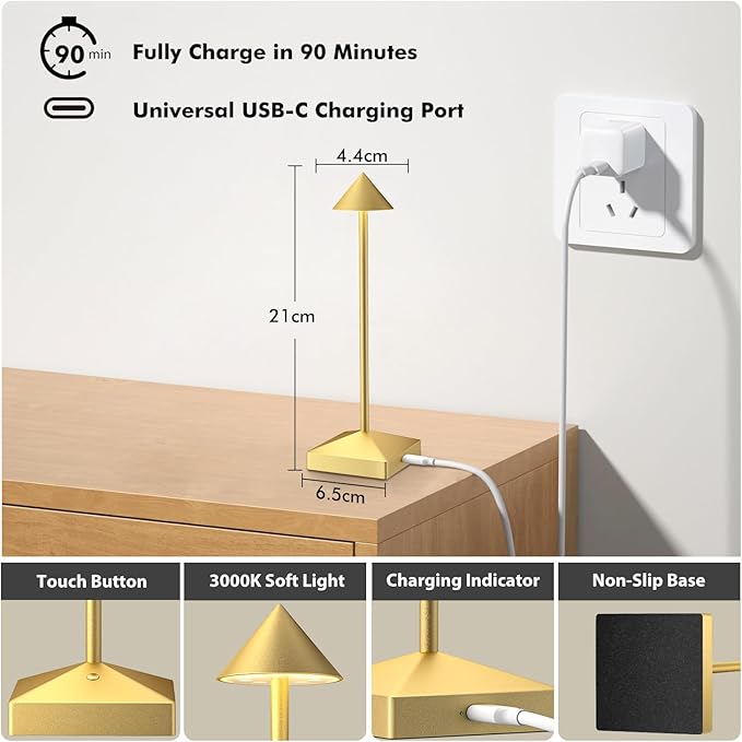 3 Pack 8.26in Gold Small Cordless Table Lamps Rechargeable, Battery Operated - Image 4