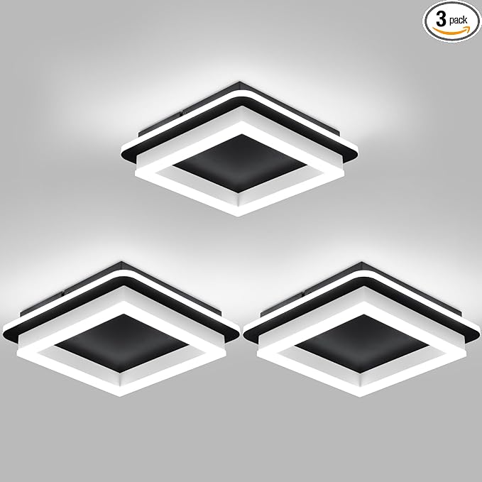 CANEOE 3 Packs Square Flush Mount Ceiling Light, 6000K Black Modern LED Ceiling by CANEOE