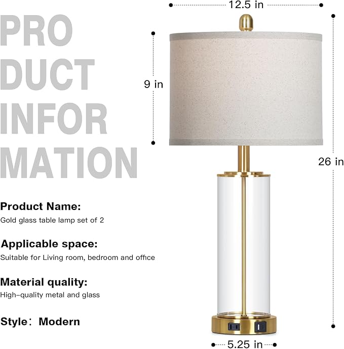 26" Gold Glass Table Lamps Set of 2, 3-Way Dimmable Touch Control Living Room - Image 7