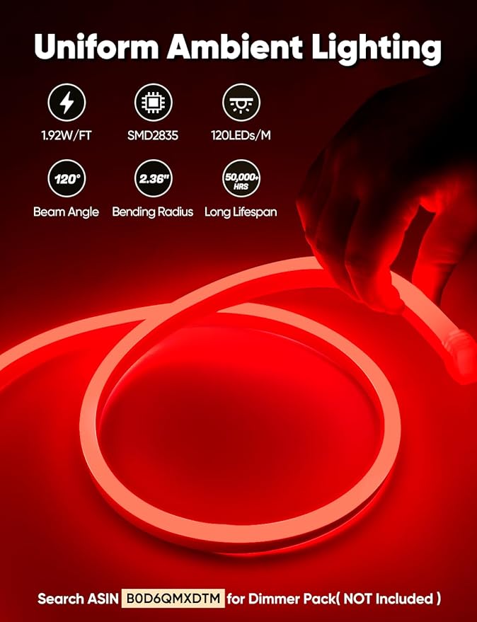 33FT Red LED Neon Rope Lights, AC 110-120V Flexible Neon Strip Outdoor - Image 2