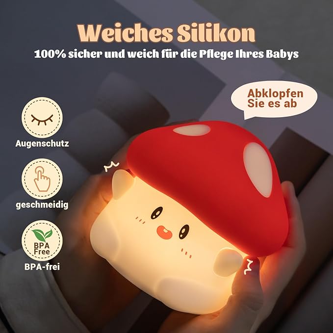 Hug Mushroom Night Light, 50-Hour Battery & Pat Control, Squishy Lamp - Image 6