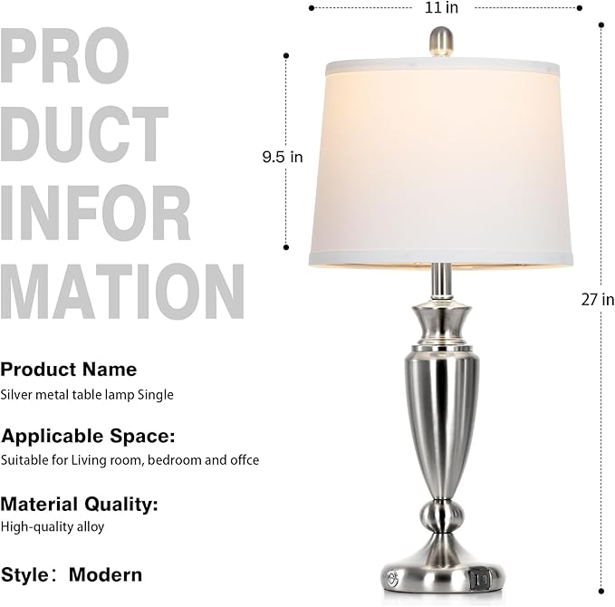 27" Silver Table Lamps for Living Room Single, 3 Way Touch Control Bedside Lamps - Image 7