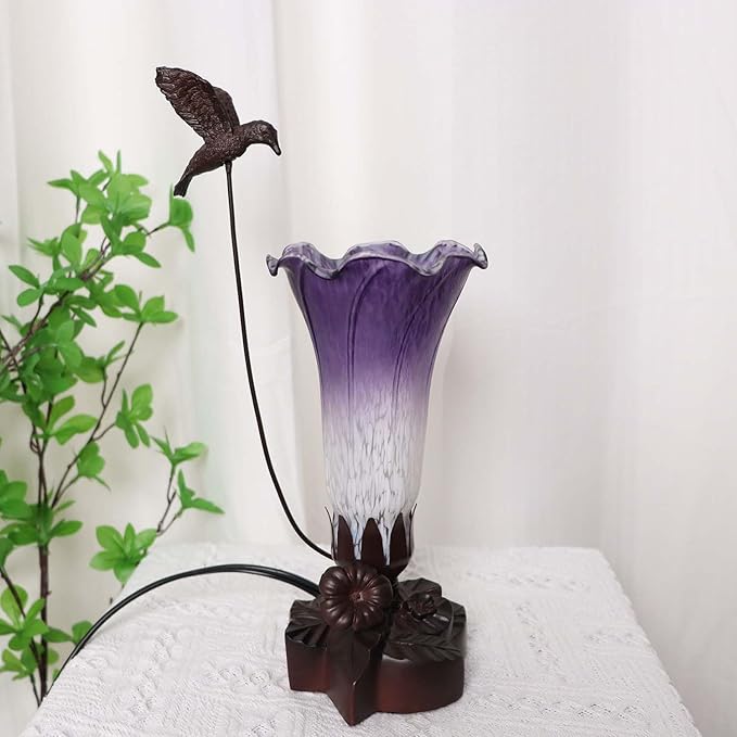 Bieye LL102 Hummingbird Flying Over Lily Flower Blown Glass Table Lamp - Image 3