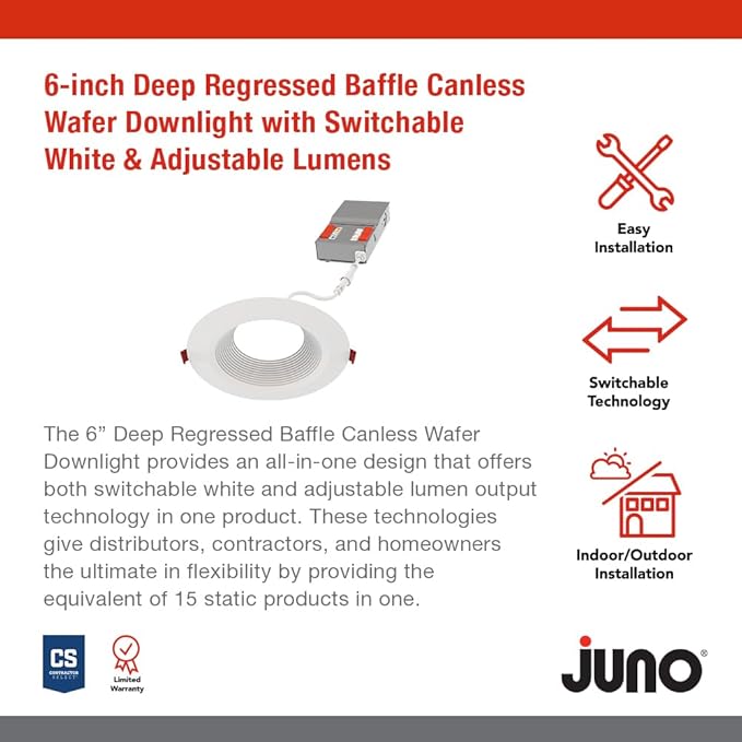 Juno LED Recessed Lights 6 Inch Round Wafer Downlight, 5-in-1 Switchable White - Image 2