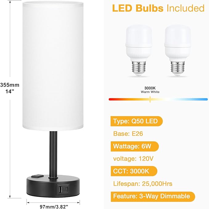 White Bedroom Lamps Set of 2-3 Way Dimmable Touch Table Lamps - Image 4