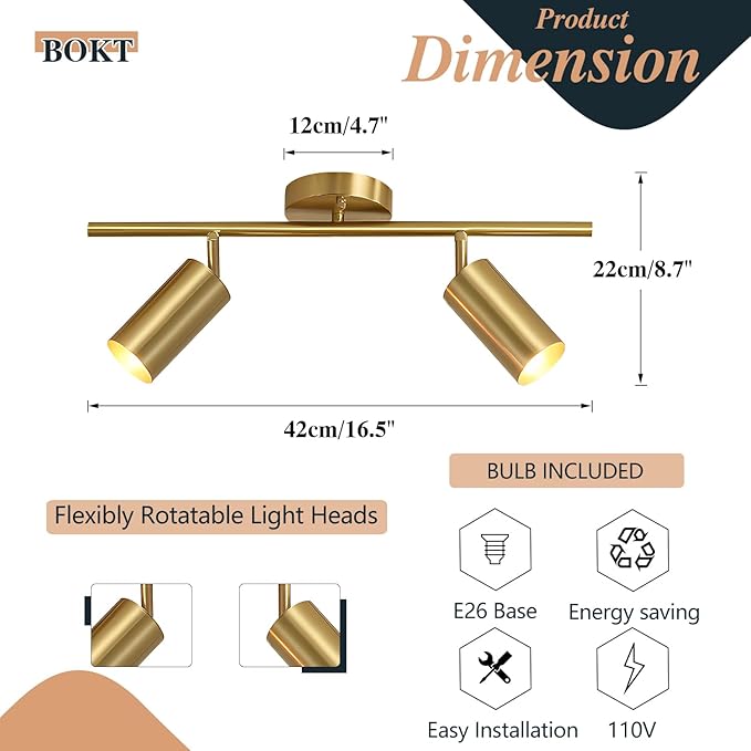 BOKT Mid Century Modern 2-Lights LED Track Lighting Kit 2 Ways Gold Flush Mount - Image 2