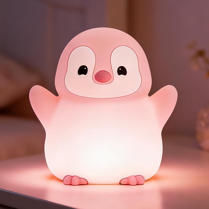 Pink Penguin Night Light, Soft Silicone Nursery Nightlight by FAMIDUO-BrightenYourLife