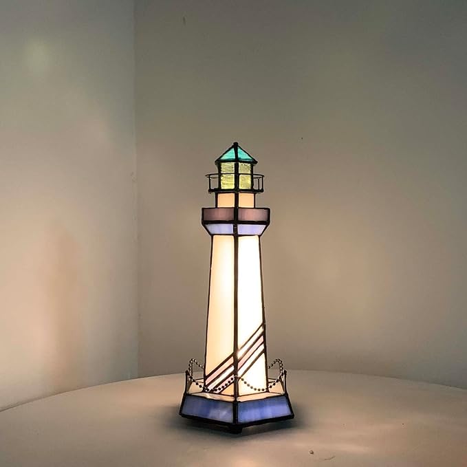 Bieye L10776 Lighthouse Tiffany Style Stained Glass Accent Table Lamp Night - Image 2