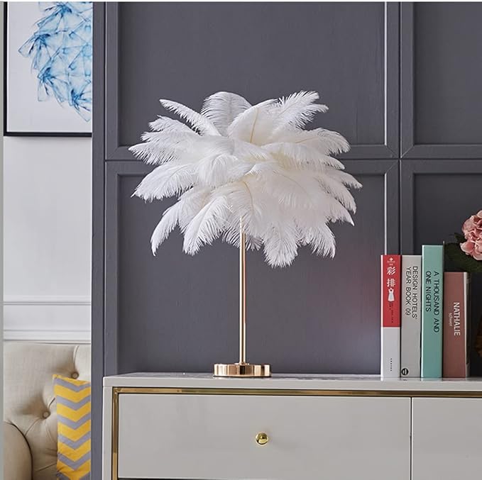 White Ostrich Feather Lamp, 3-Color Temperature Modes, 40 Feathers and 5 G4 LED - Image 2