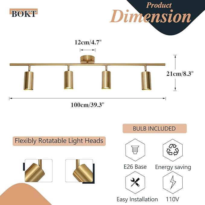 BOKT Modern Gold 4-Lights LED Track Lighting Kit Brushed Brass Flush Mount - Image 2