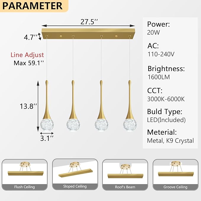4-Lights Modern Pendant Lights for Kitchen Island LED Dimmable Crystal Glam - Image 2