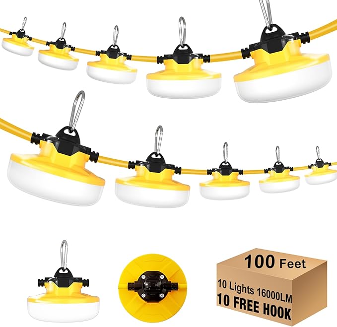 100FT LED Construction String Lights 3 Prong, 130W 16000Lm LED String Work by JC-LGL