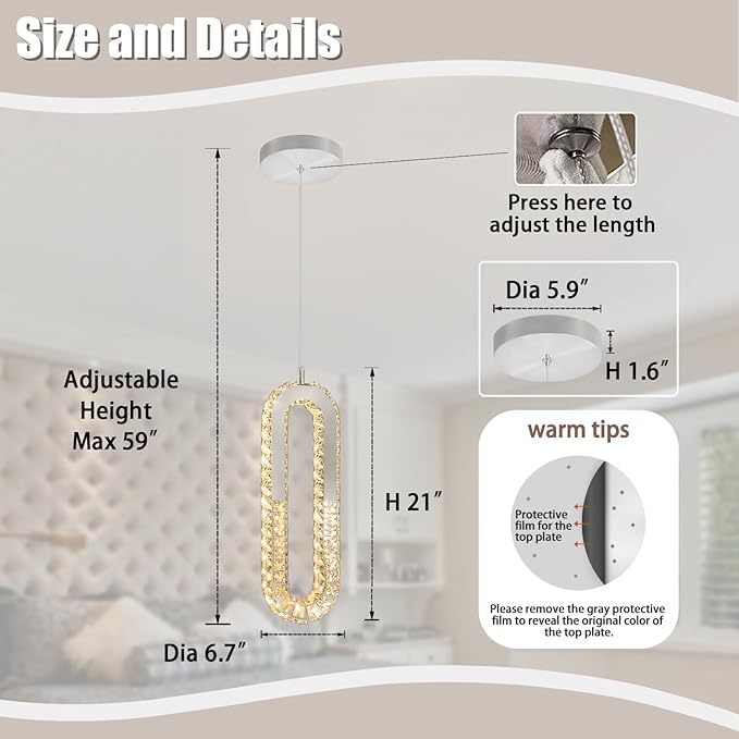 1-Ring Chandelier Silver Modern Pendant Lighting LED Dimmable Hanging Crystal - Image 7