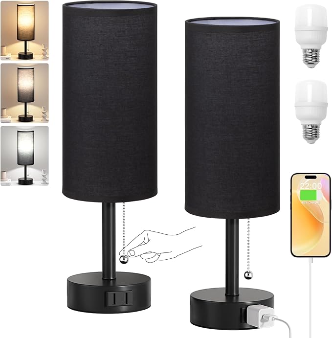 Fenmzee Black Bedside Table Lamps Set of 2-3 Color Temperatures Pull Chain Lamp - Image 7