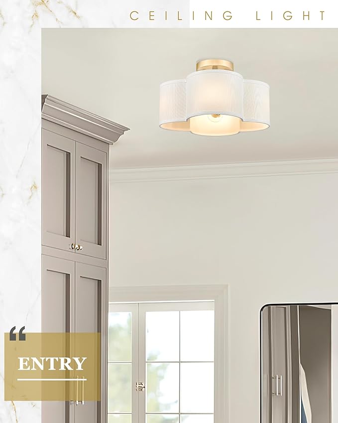 Gold Semi Flush Mount Ceiling Lights, Farmhouse Brass Drum Lighting - Image 6